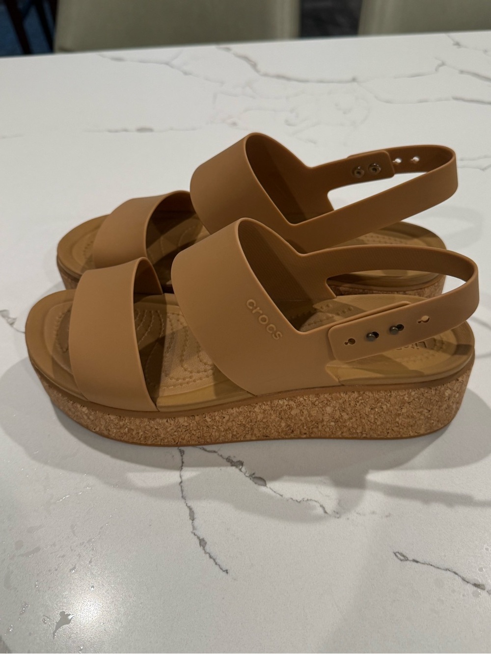 CROCS Women's Brooklyn Cork Low Wedge Sandals - Tan - Picture 3 of 8